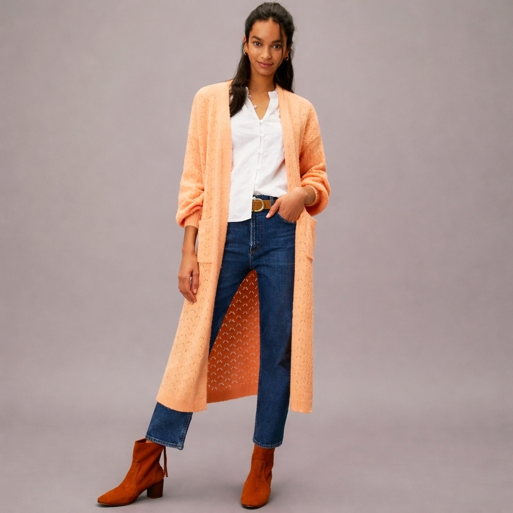 FRNCH Paris Open Knit Duster Cardigan Oversized Peach Boho Longline